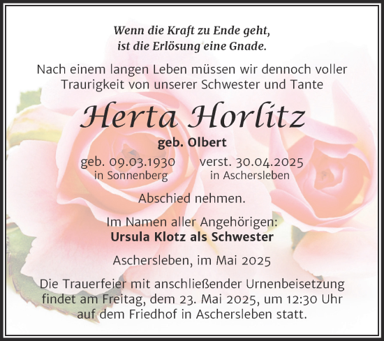 Traueranzeige von Herta Horlitz von Trauerkombi Aschersleben