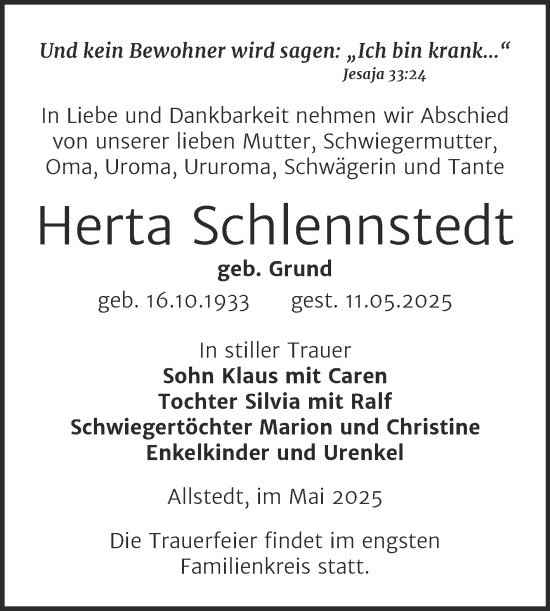 Traueranzeige von Herta Schlennstedt von Trauerkombi Sangerhausen