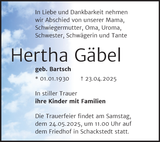 Traueranzeige von Hertha Gäbel von Trauerkombi Bernburg