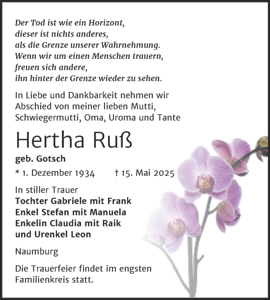 Traueranzeige von Hertha Ruß von Naumburger Tageblatt
