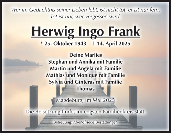 Traueranzeige von Herwig Ingo Frank von Volksstimme Magdeburg