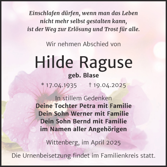 Traueranzeige von Hilde Raguse von Trauerkombi Wittenberg