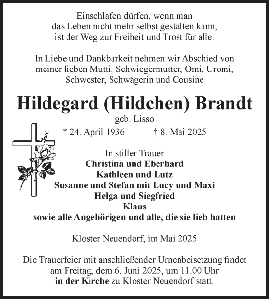 Traueranzeige von Hildegard Brandt von Volksstimme Altmark West