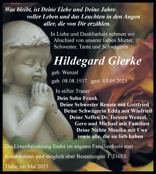 Traueranzeige von Hildegard Gierke von Trauerkombi Quedlinburg
