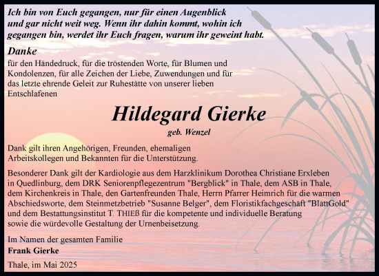 Traueranzeige von Hildegard Gierke von Trauerkombi Quedlinburg
