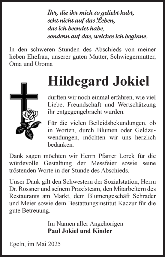 Traueranzeige von Hildegard Jokiel von Volksstimme Staßfurt
