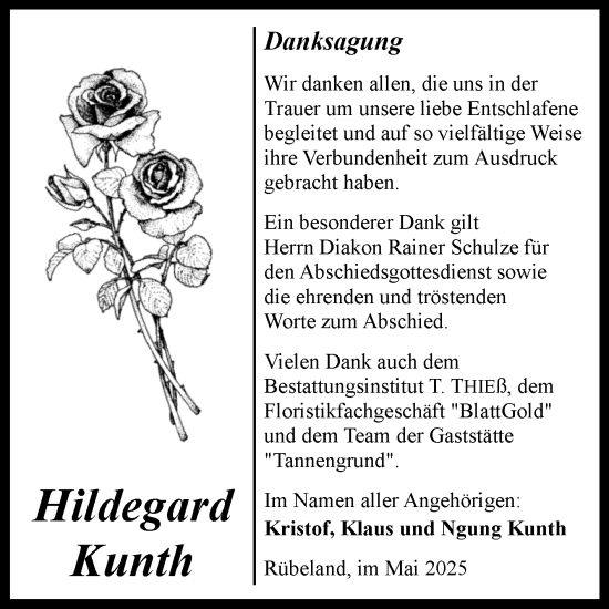 Traueranzeige von Hildegard Kunth von Volksstimme Wernigerode