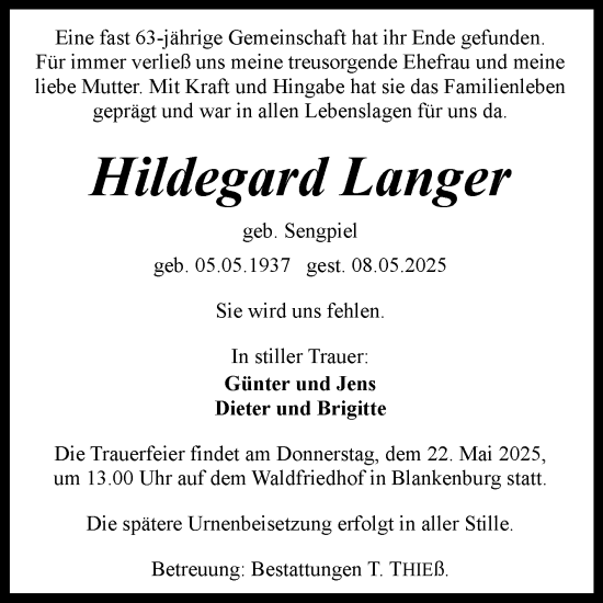 Traueranzeige von Hildegard Langer von Volksstimme Wernigerode