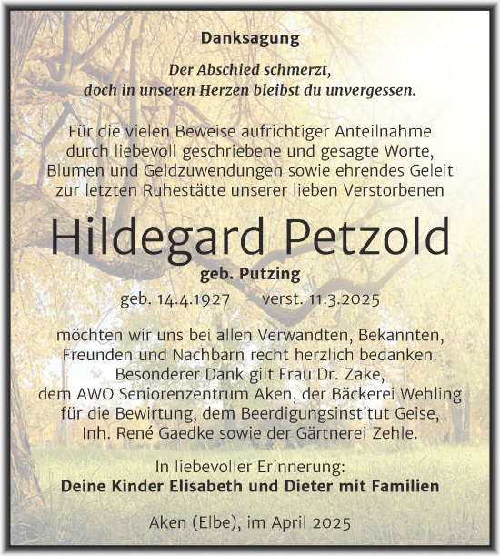 Traueranzeige von Hildegard Petzold von Trauerkombi Köthen