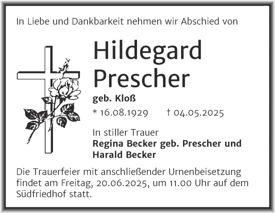 Traueranzeige von Hildegard Prescher von Mitteldeutsche Zeitung Halle/Saalkreis