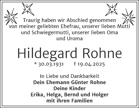 Traueranzeige von Hildegard Rohne von Mitteldeutsche Zeitung Halle/Saalkreis