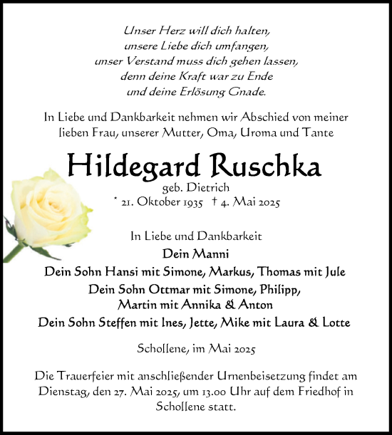 Traueranzeige von Hildegard Ruschka von Volksstimme Altmark Ost