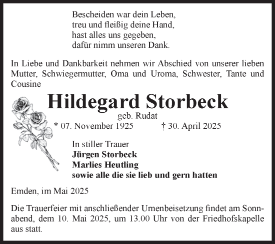 Traueranzeige von Hildegard Storbeck von Volksstimme Haldensleben/Wolmirstedt