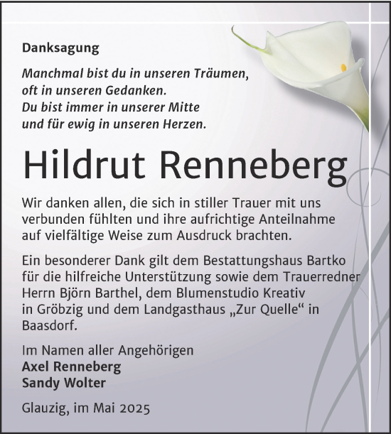 Traueranzeige von Hildrut Renneberg von Trauerkombi Köthen