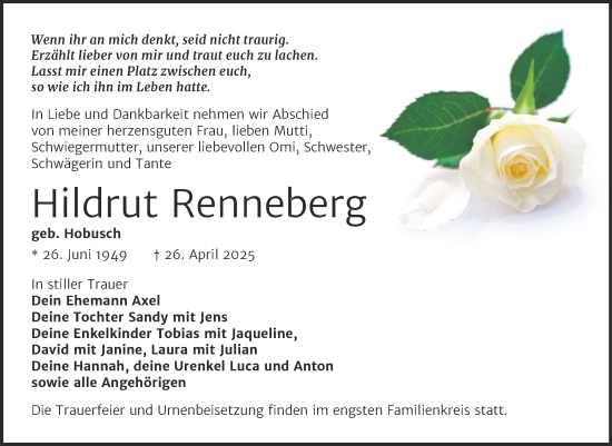 Traueranzeige von Hildrut Renneberg von Trauerkombi Köthen