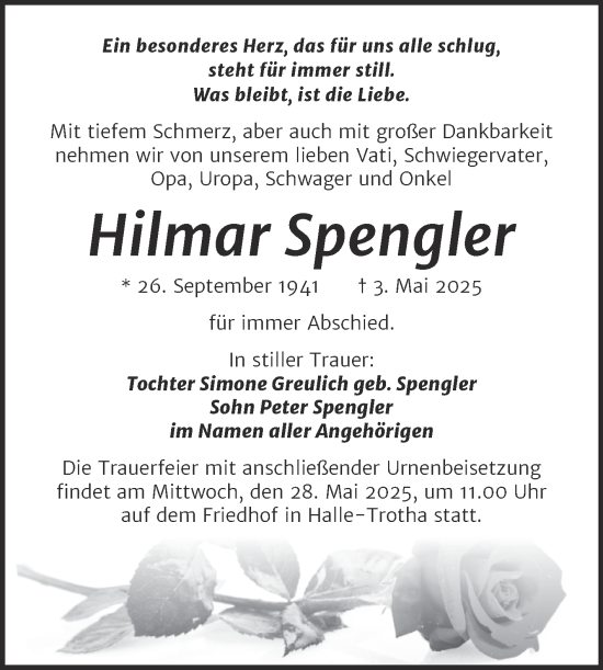 Traueranzeige von Hilmar Spengler von Mitteldeutsche Zeitung Halle/Saalkreis