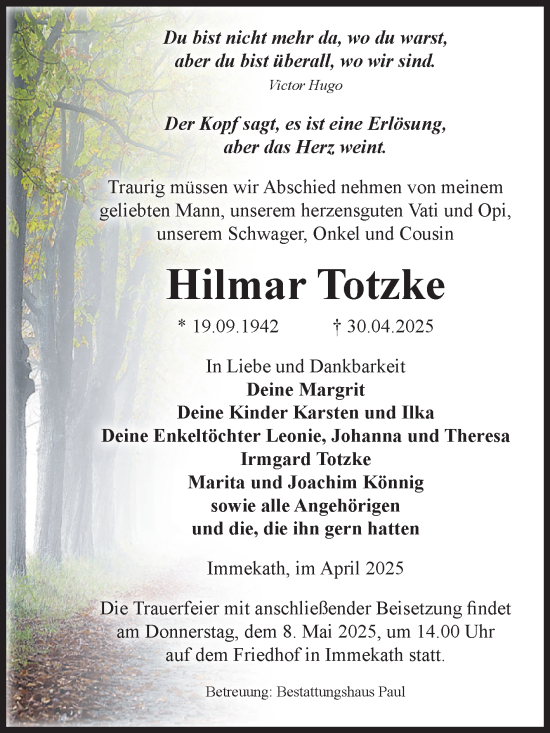 Traueranzeige von Hilmar Totzke von Volksstimme Altmark West