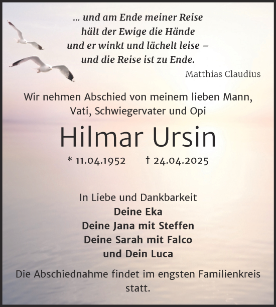 Traueranzeige von Hilmar Ursin von Trauerkombi Bitterfeld