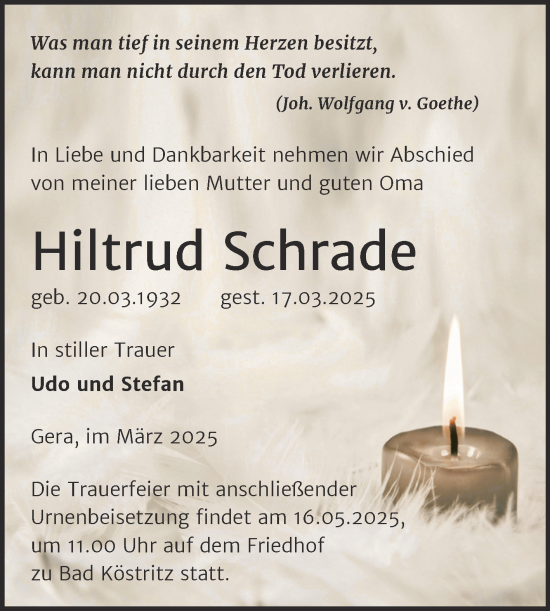 Traueranzeige von Hiltrud Schrade von Trauerkombi Weißenfels