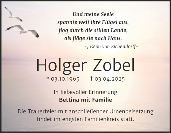 Traueranzeige von Holger Zobel von Trauerkombi Sangerhausen