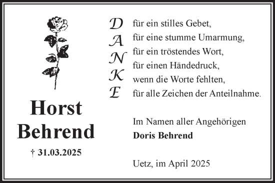 Traueranzeige von Horst Behrend von Volksstimme Altmark Ost