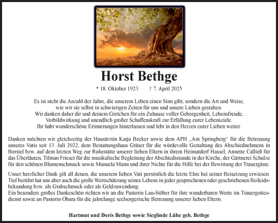 Traueranzeige von Horst Bethge von Volksstimme Altmark Ost