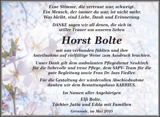 Traueranzeige von Horst Bolte von Trauerkombi Quedlinburg