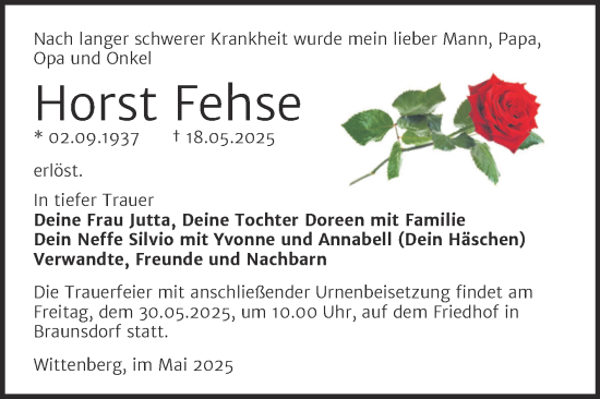 Traueranzeige von Horst Fehse von Trauerkombi Wittenberg