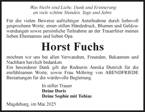 Traueranzeige von Horst Fuchs von Volksstimme Magdeburg