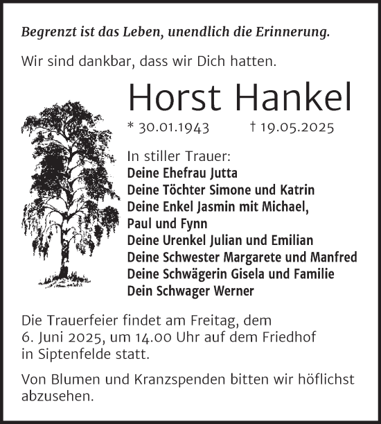 Traueranzeige von Horst Hankel von Trauerkombi Quedlinburg