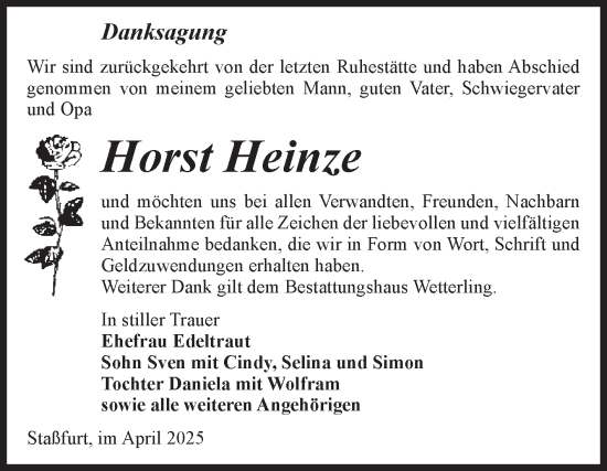 Traueranzeige von Horst Heinze von Volksstimme Staßfurt