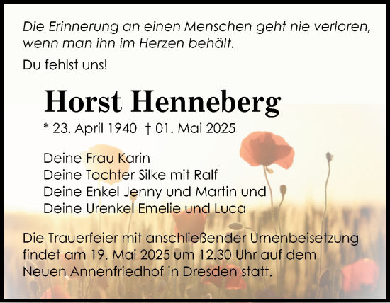 Traueranzeige von Horst Henneberg von Mitteldeutsche Zeitung Quedlingburg