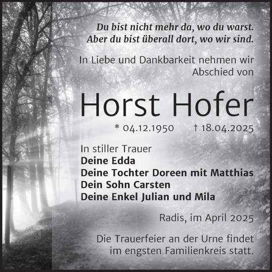 Traueranzeige von Horst Hofer von Trauerkombi Wittenberg