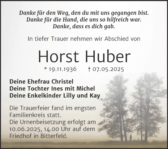 Traueranzeige von Horst Huber von Trauerkombi Bitterfeld