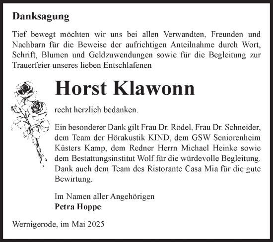 Traueranzeige von Horst Klawonn von Volksstimme Wernigerode