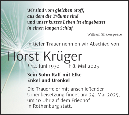 Traueranzeige von Horst Krüger von Mitteldeutsche Zeitung Halle/Saalkreis