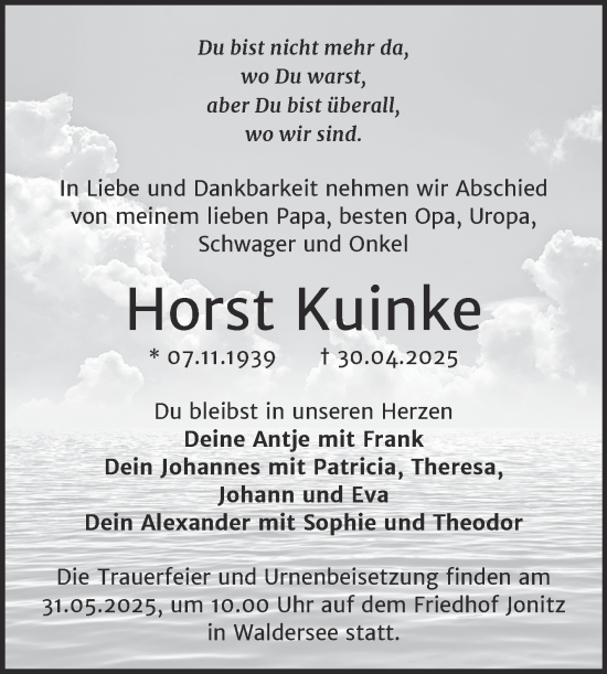 Traueranzeige von Horst Kuinke von Trauerkombi Dessau