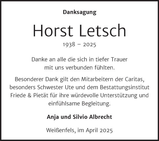Traueranzeige von Horst Letsch von Super Sonntag Weißenfels