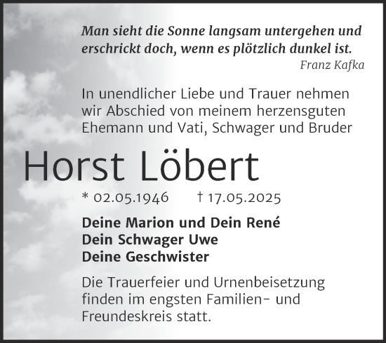 Traueranzeige von Horst Löbert von Trauerkombi Aschersleben