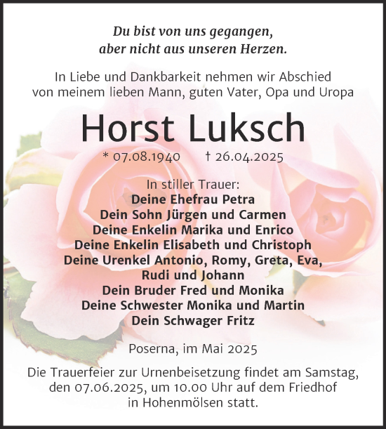 Traueranzeige von Horst Luksch von Trauerkombi Weißenfels