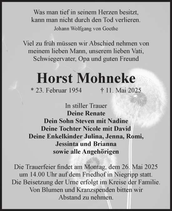 Traueranzeige von Horst Mohneke von Volksstimme Burg/Genthin