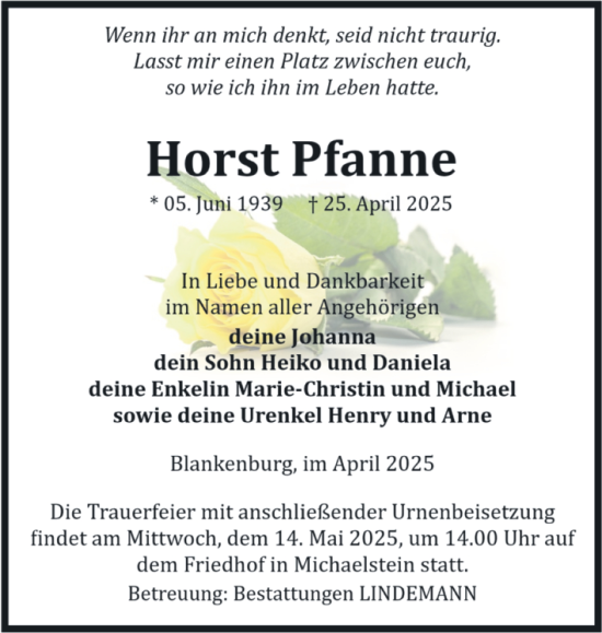Traueranzeige von Horst Pfanne von Volksstimme Wernigerode