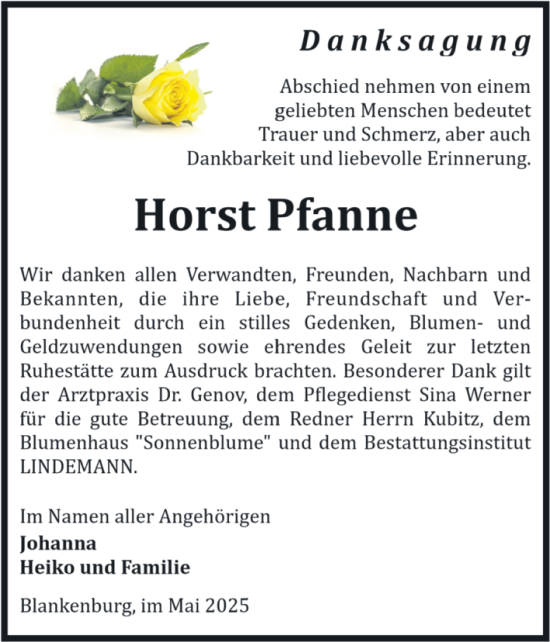 Traueranzeige von Horst Pfanne von Volksstimme Wernigerode