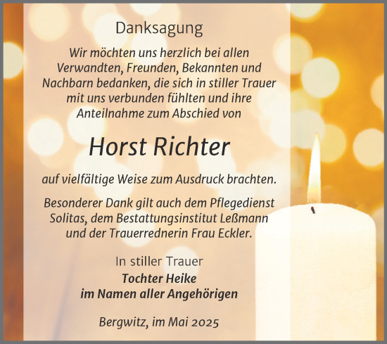 Traueranzeige von Horst Richter von Trauerkombi Wittenberg