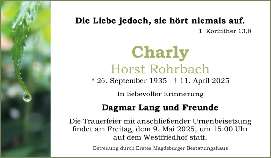 Traueranzeige von Horst Rohrbach von Volksstimme Magdeburg