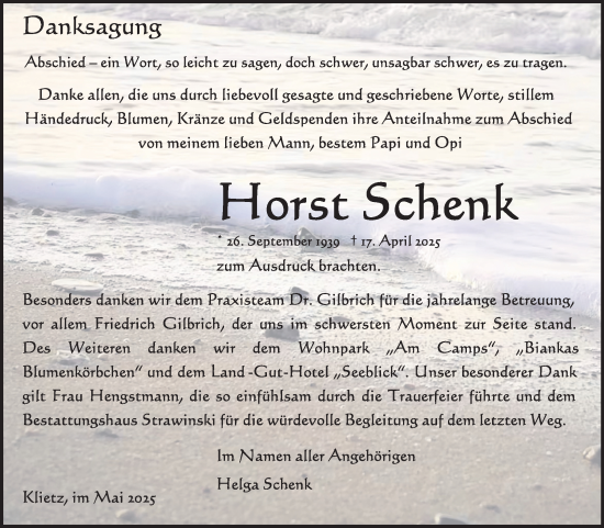 Traueranzeige von Horst Schenk von Volksstimme Altmark Ost