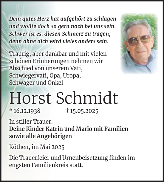 Traueranzeige von Horst Schmidt von Trauerkombi Köthen