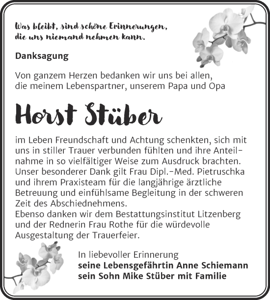 Traueranzeige von Horst Stüber von Trauerkombi Mansfelder Land