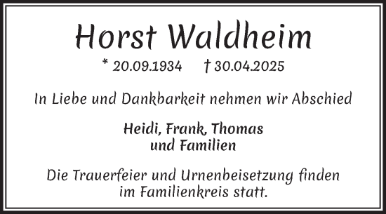 Traueranzeige von Horst Waldheim von Volksstimme Magdeburg