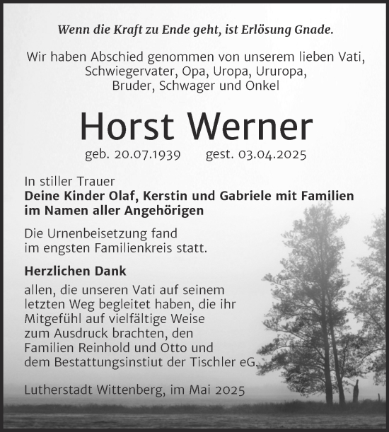 Traueranzeige von Horst Werner von Trauerkombi Wittenberg